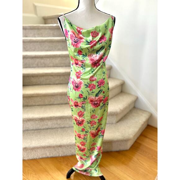 Pretty Little Thing Lime Green Pink Floral Satin Cowl Slip Dress - Picture 2 of 9